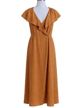 Vince Wrap Dress Braided Trim Midi in Camel Size L